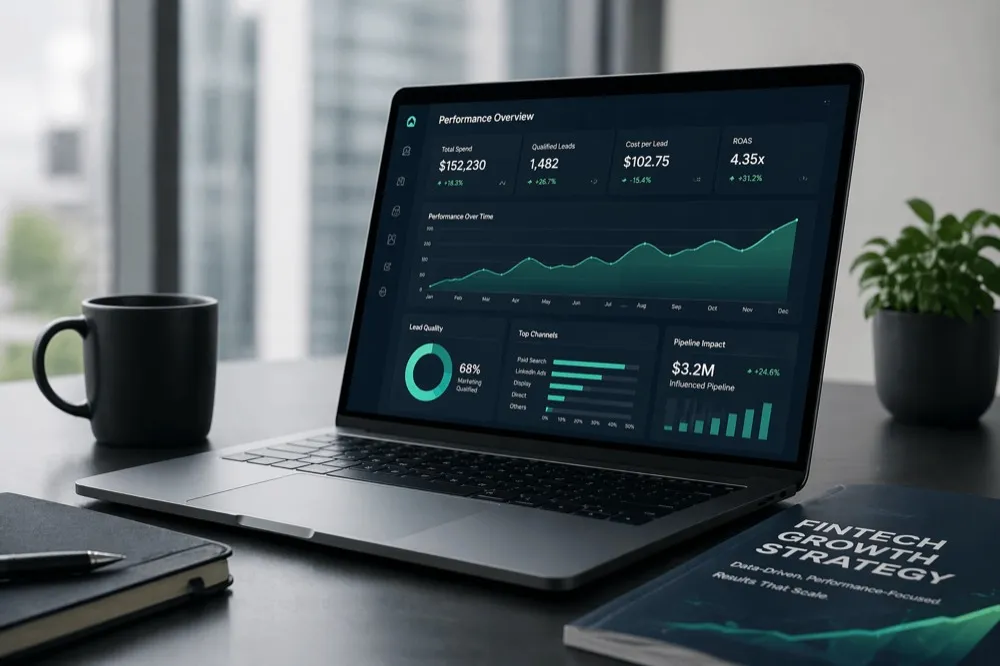 Fintech performance marketing dashboard showing ROAS, qualified leads, cost per lead, and pipeline impact metrics next to a Fintech Growth Strategy book