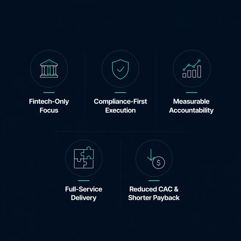 Why choose Fintech Marketing Agency: fintech-only focus, compliance-first execution, measurable accountability, full-service delivery, and reduced CAC